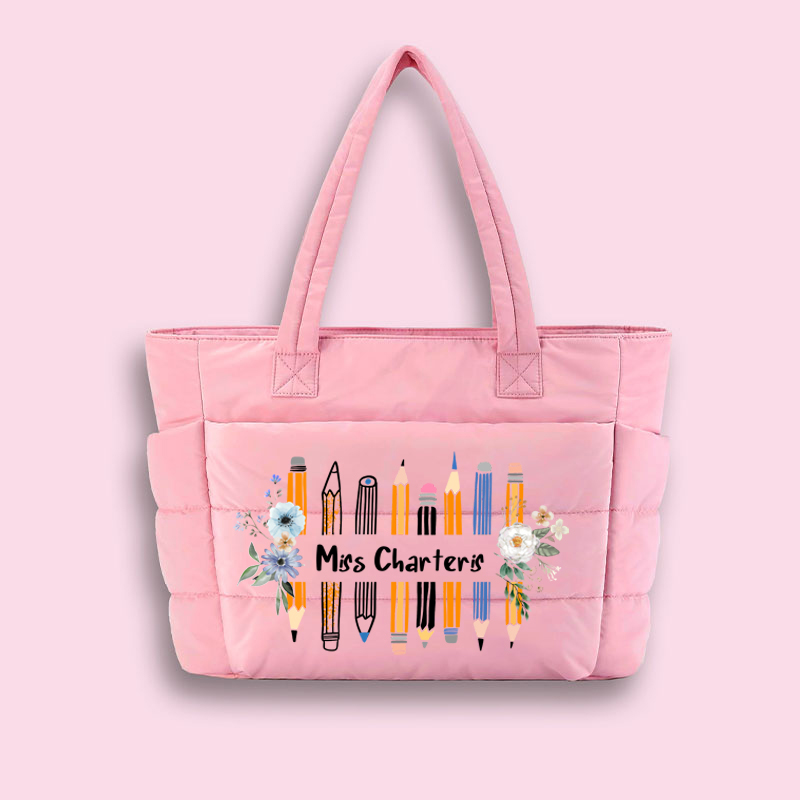 Personalized Name Colored Pencil Flowers Teacher Puffy Tote Bag