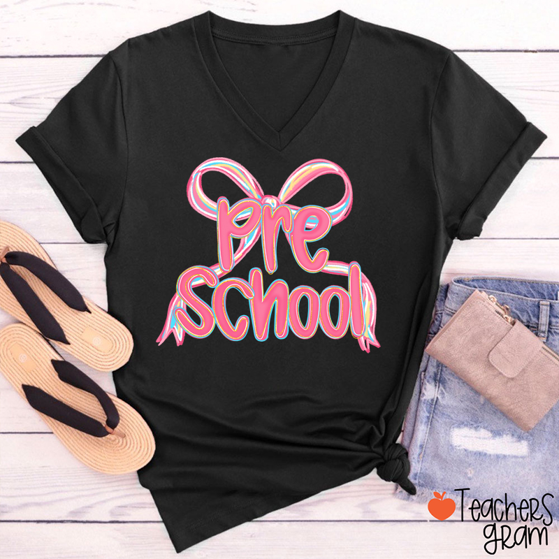 Personalized Grade Pink Bow Teacher Female V-Neck T-Shirt