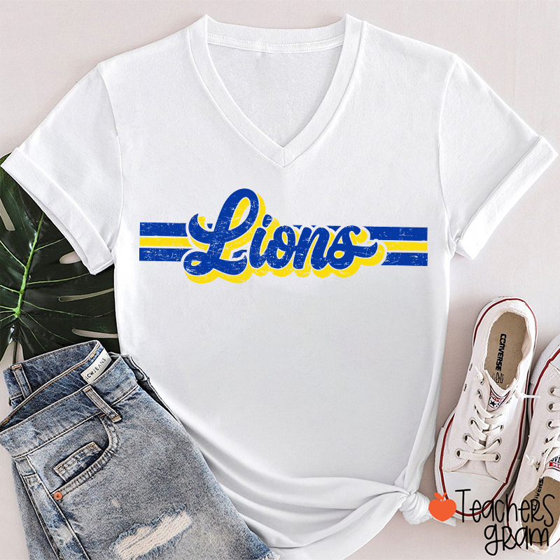 Personalized Mascot Contrast Color Line Teacher Female V-Neck T-Shirt