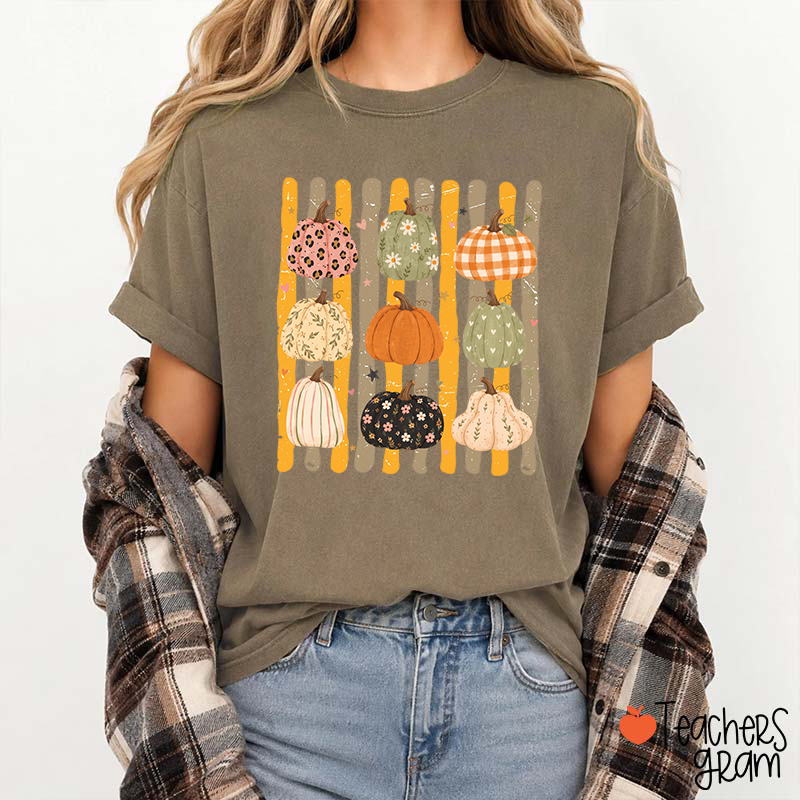 Patterned Fall Pumpkins Teacher T-Shirt