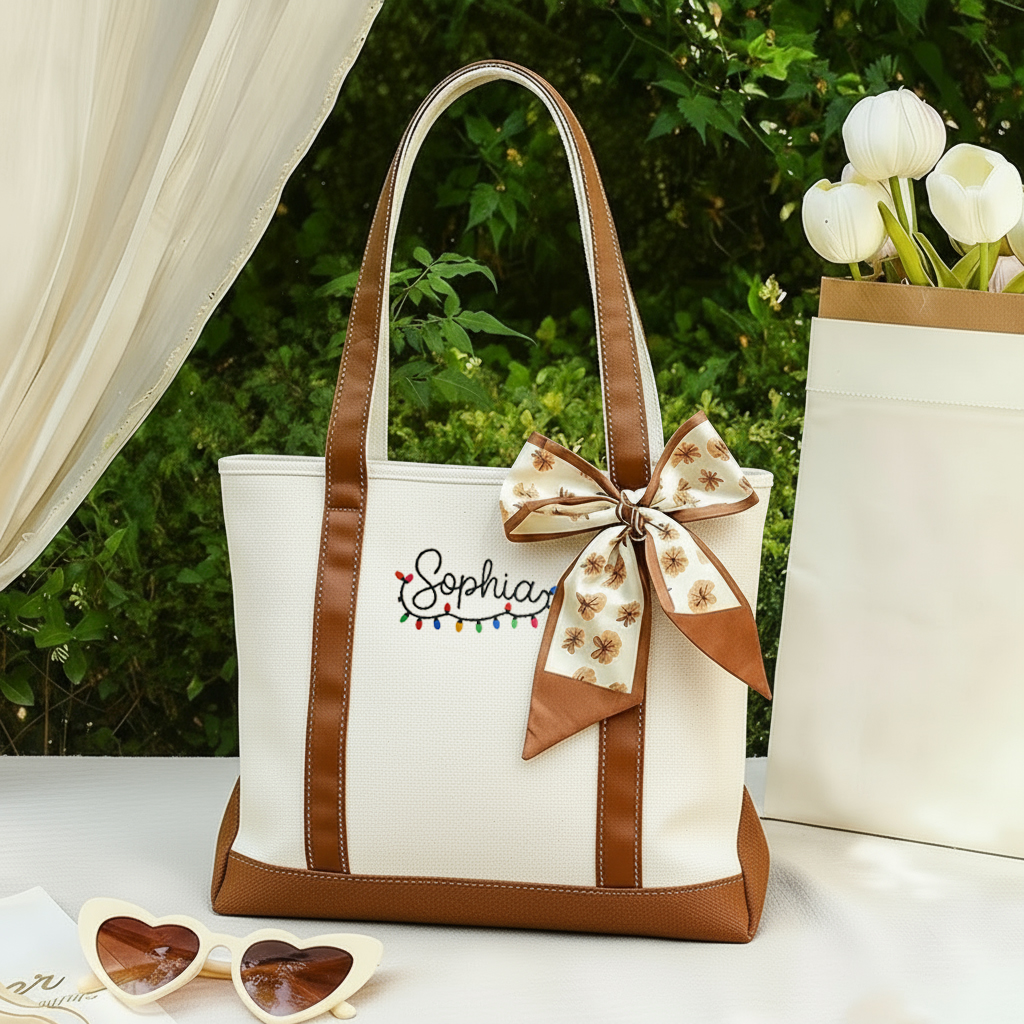 Personalized Name With Christmas Lights Teacher Canvas Tote Bag