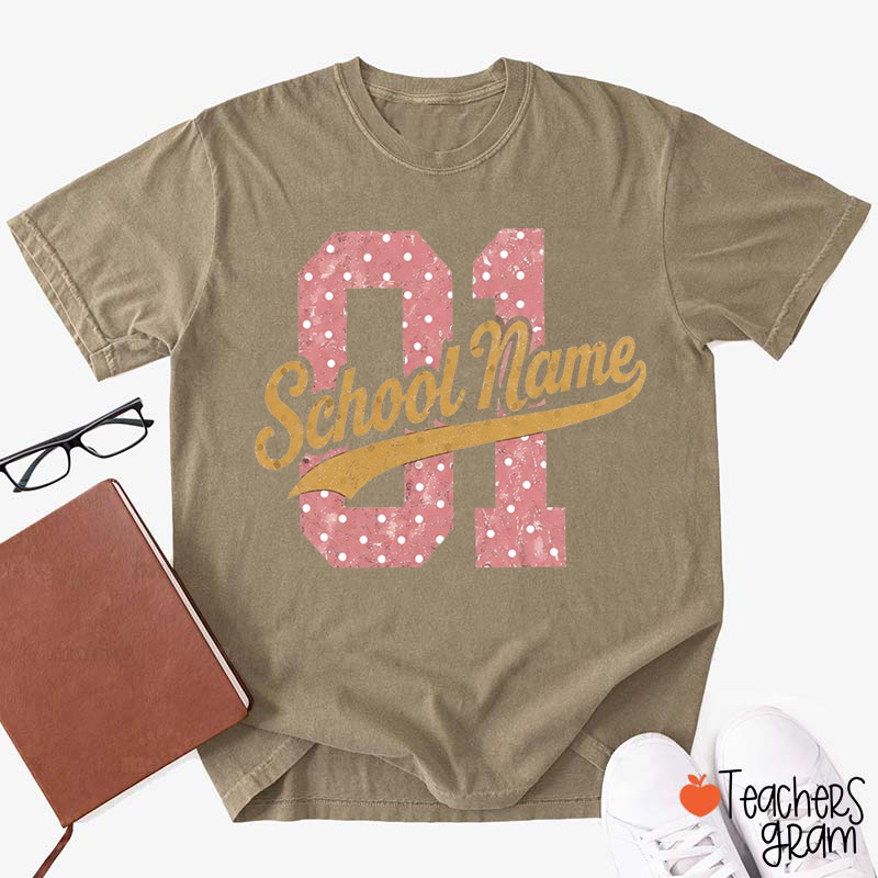 Personalized School Name Vintage Number Polka Dot Teacher T‑Shirt