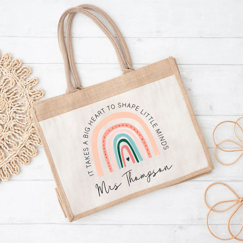 Personalized It Takes A Big Heart To Shape Little Minds Teacher Jute Lunch Bag