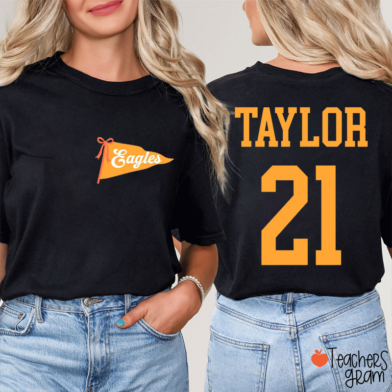 Personalized Name Number Mascot Pennant Teacher Two Sided T-Shirt