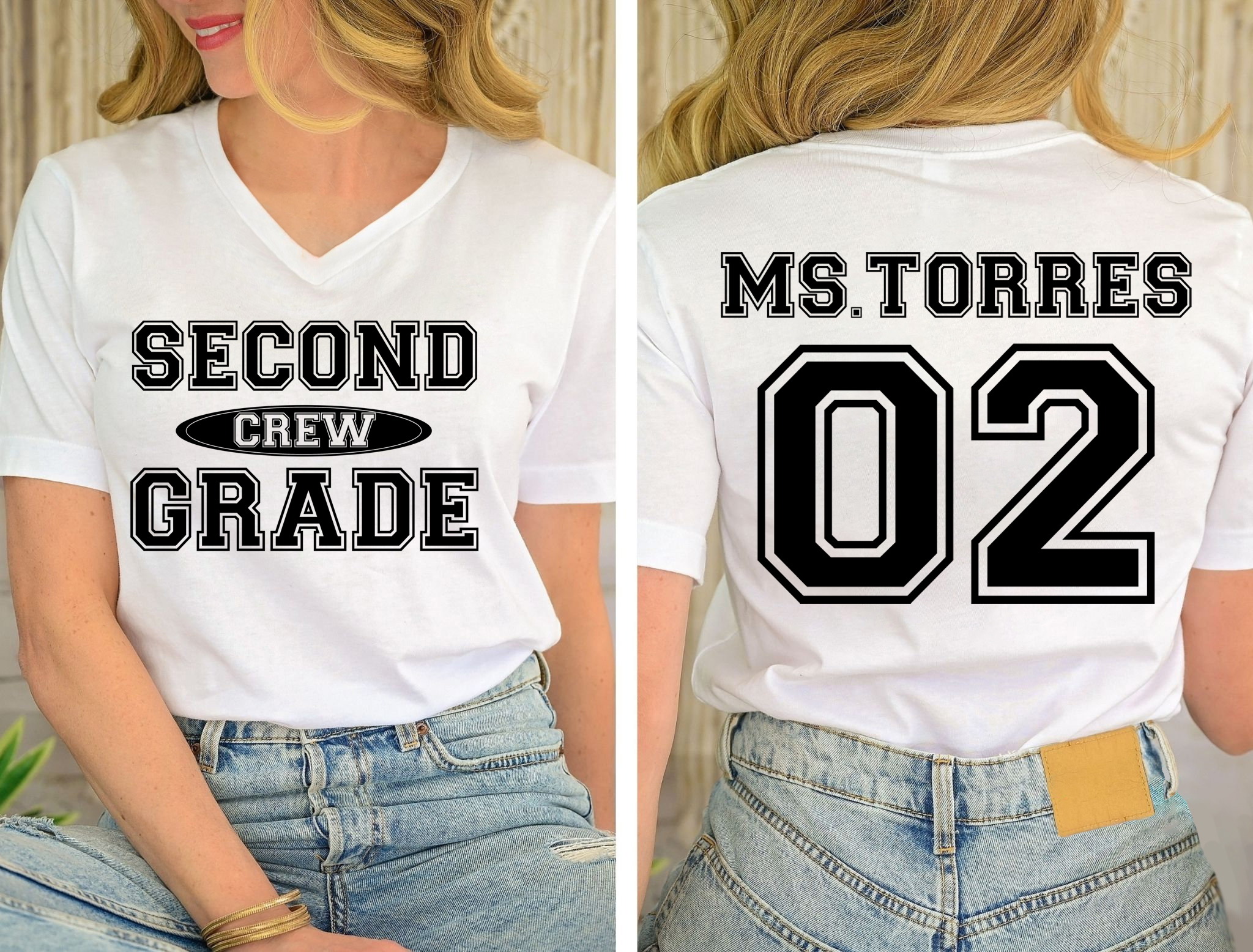 Personalized My Class Crew Teacher Female V-Neck Two Sided T-Shirt
