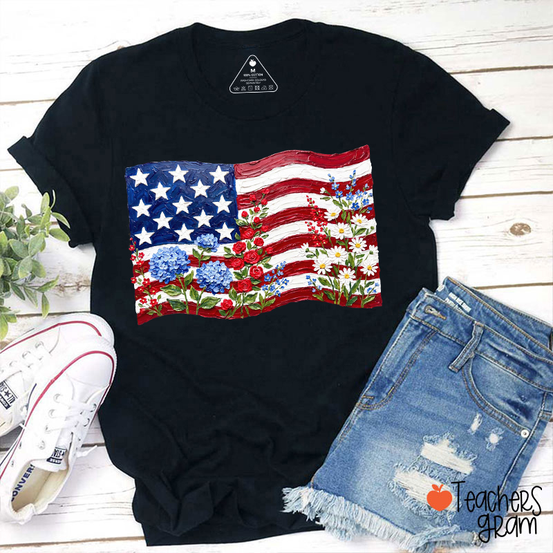 Floral American Flag Teacher T-Shirt