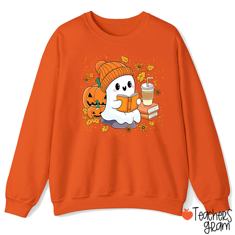 Reading Ghost Pumpkin Halloween Teacher Sweatshirt