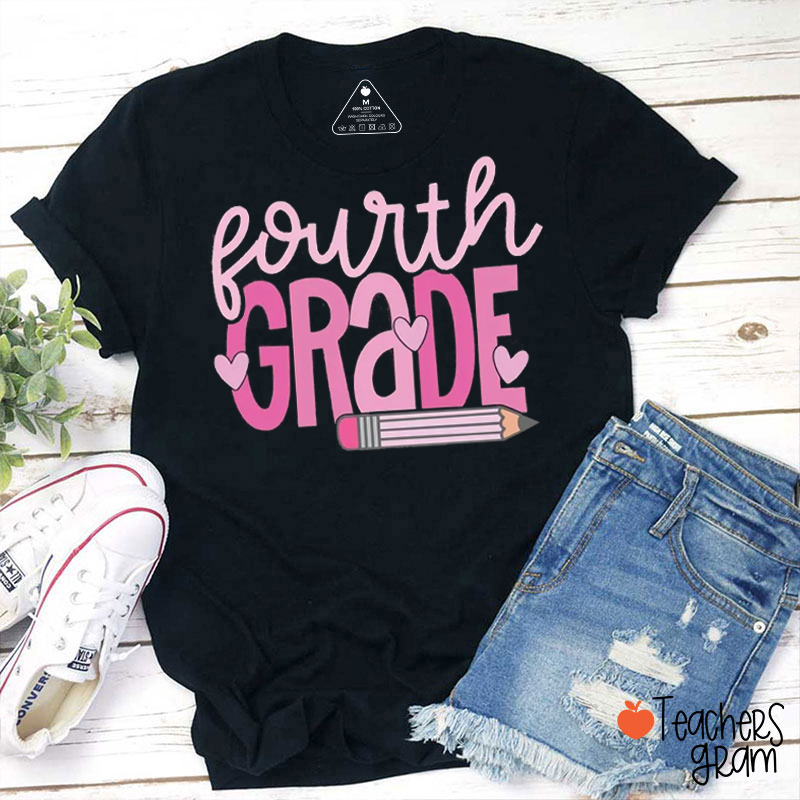 Personalized Grade Pastel Heart Pencil Teacher T-Shirt
