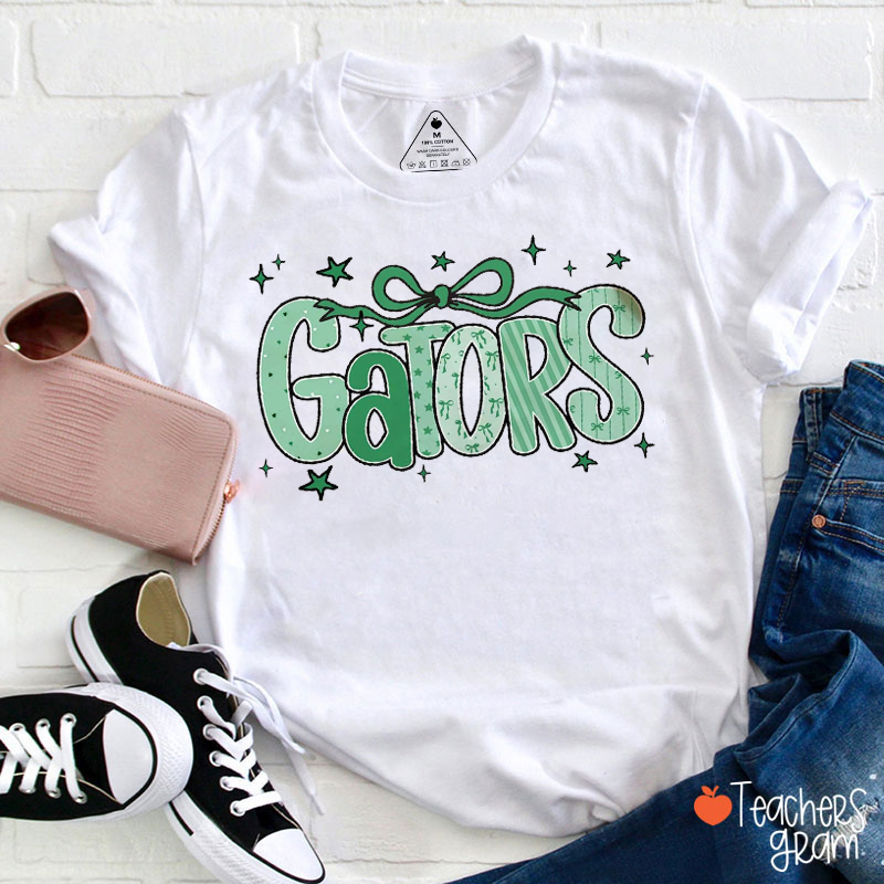 Personalized Mascot Coquette Bow Pattern Letter Teacher T-Shirt