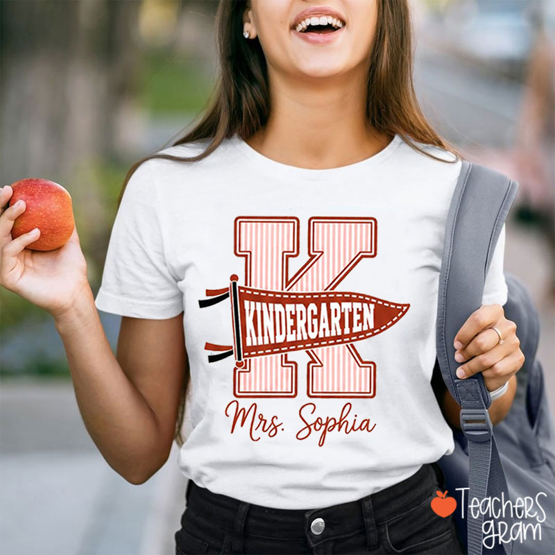Personalized Grade And Name Striped Letter Pennant Teacher T-Shirt