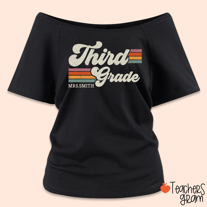 Personalized Grade And Name Retro Horizontal Stripes Teacher Off Shoulder Shirt