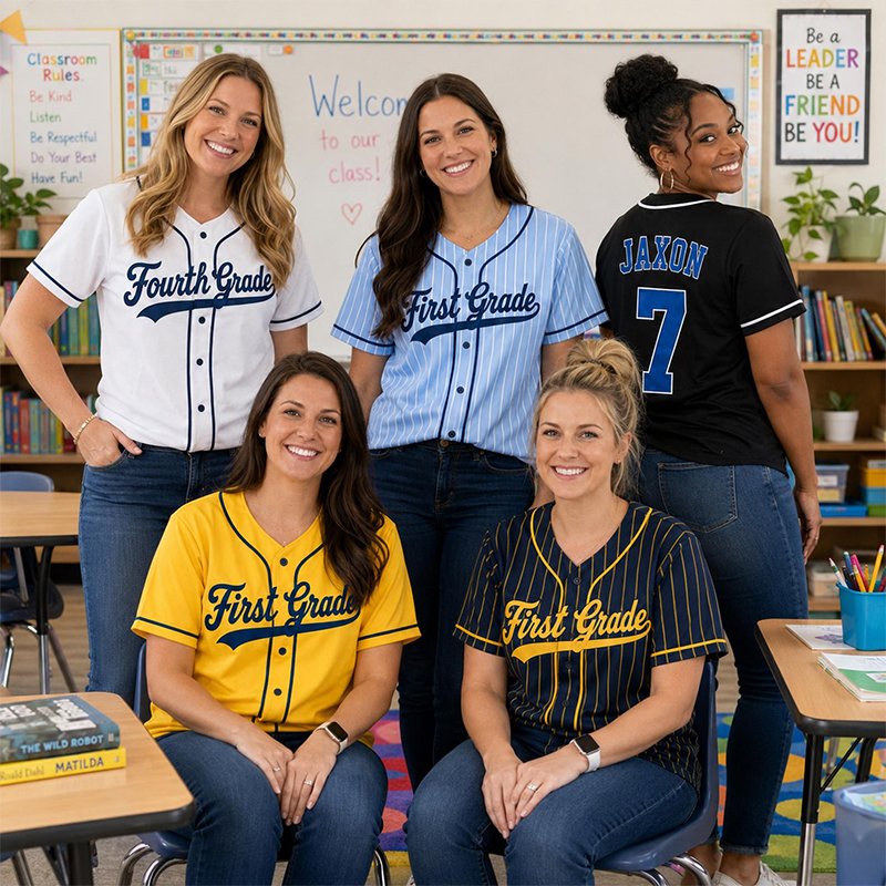Personalized Grade And Name Preppy Pinstripe Script First Day Teacher Baseball Jersey