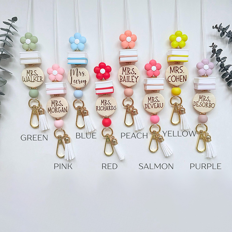 Personalized Name Flower Book Teacher Lanyard
