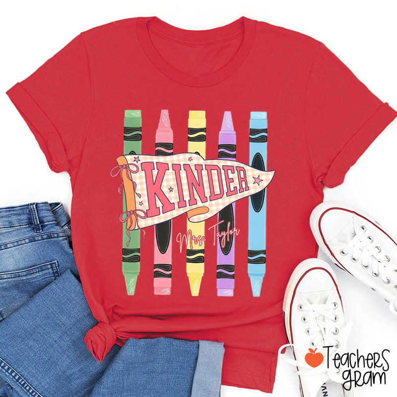 Personalized Name And Grade Colorful Flag Crayon Teacher T-Shirt