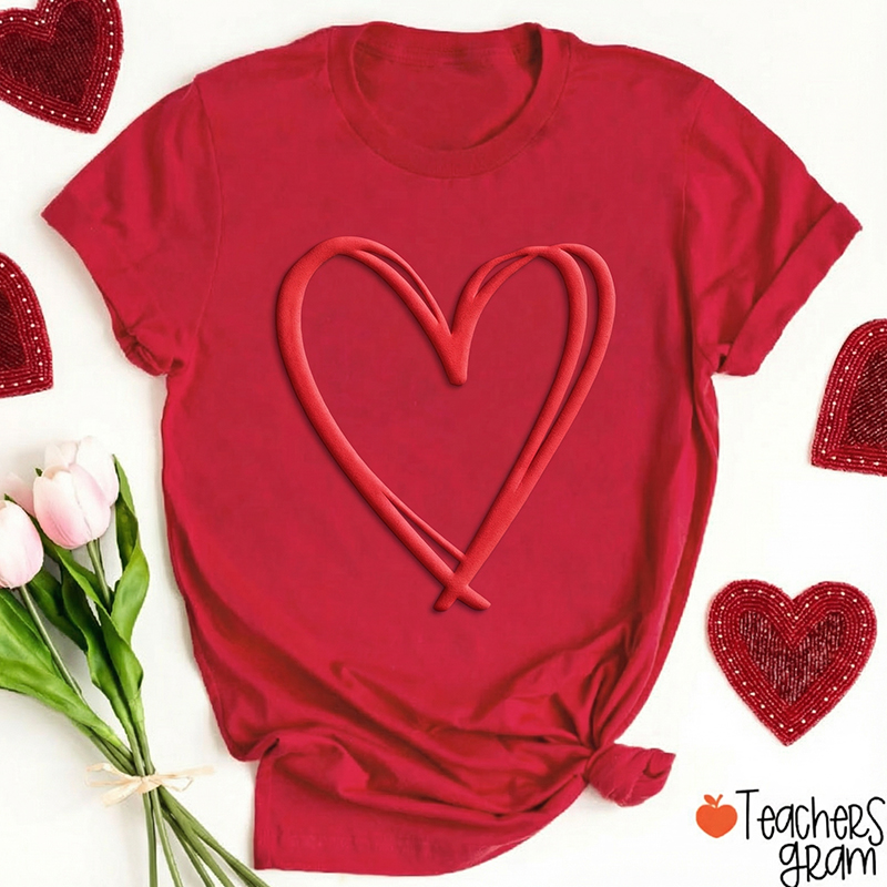 Personalized Double Red Heart Puff Printed Teacher T-Shirt