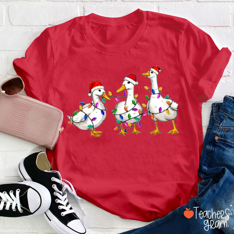 Christmas Ducks With Colorful Lights Teacher T-Shirt