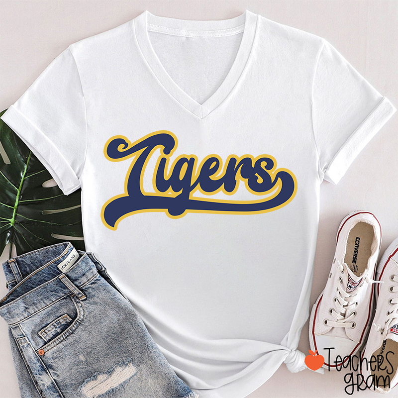 Personalized Mascot School Spirit Contrasting Colors Teacher Female V-Neck T-Shirt