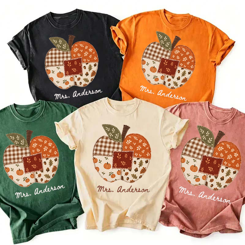 Personalized Name Faux Patchwork Punkpkin Teacher T-Shirt