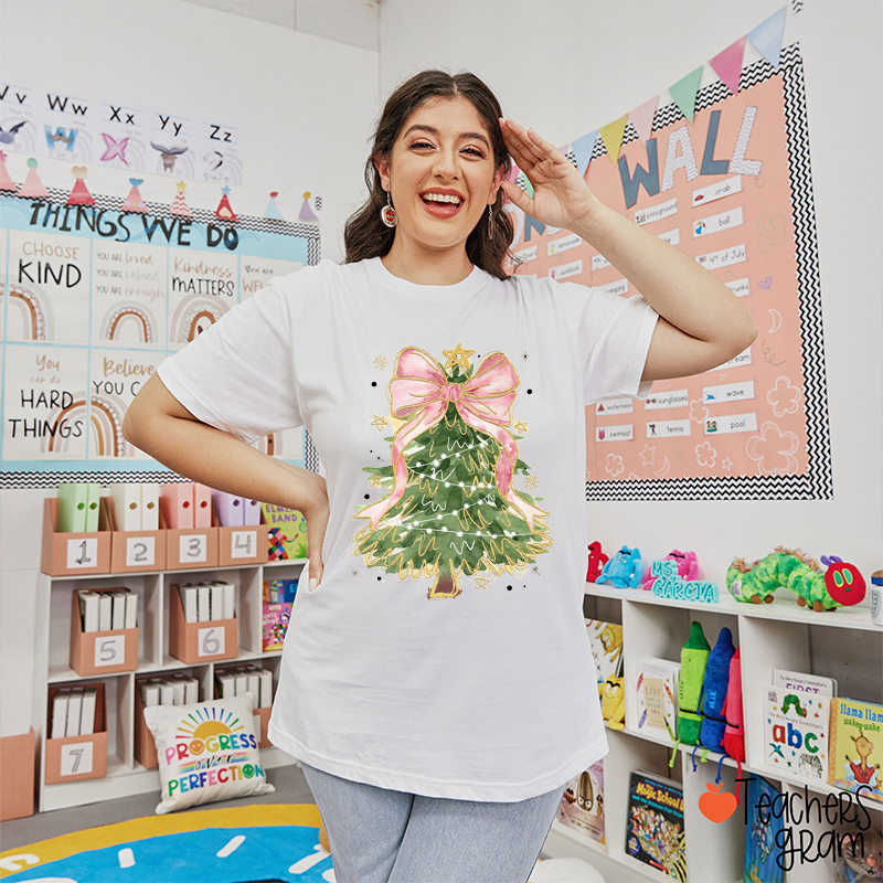 Pink Bow Christmas Tree Teacher T-Shirt