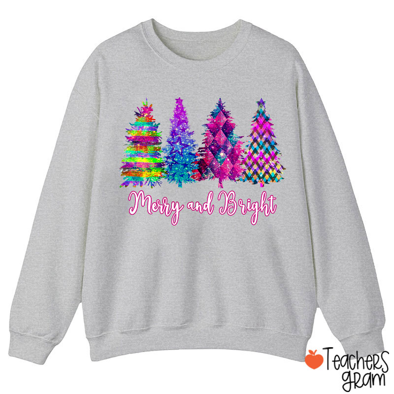 Merry And Bright Colorful Christmas Tree Teacher Sweatshirt