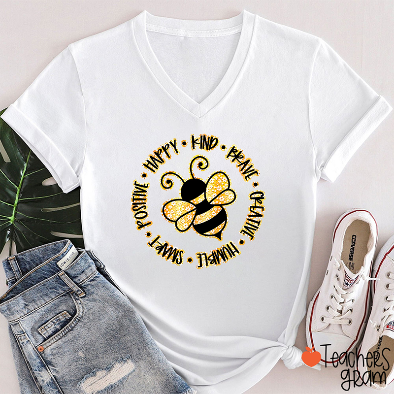 Bee Happy Kind Brave Teacher Female V-Neck T-Shirt