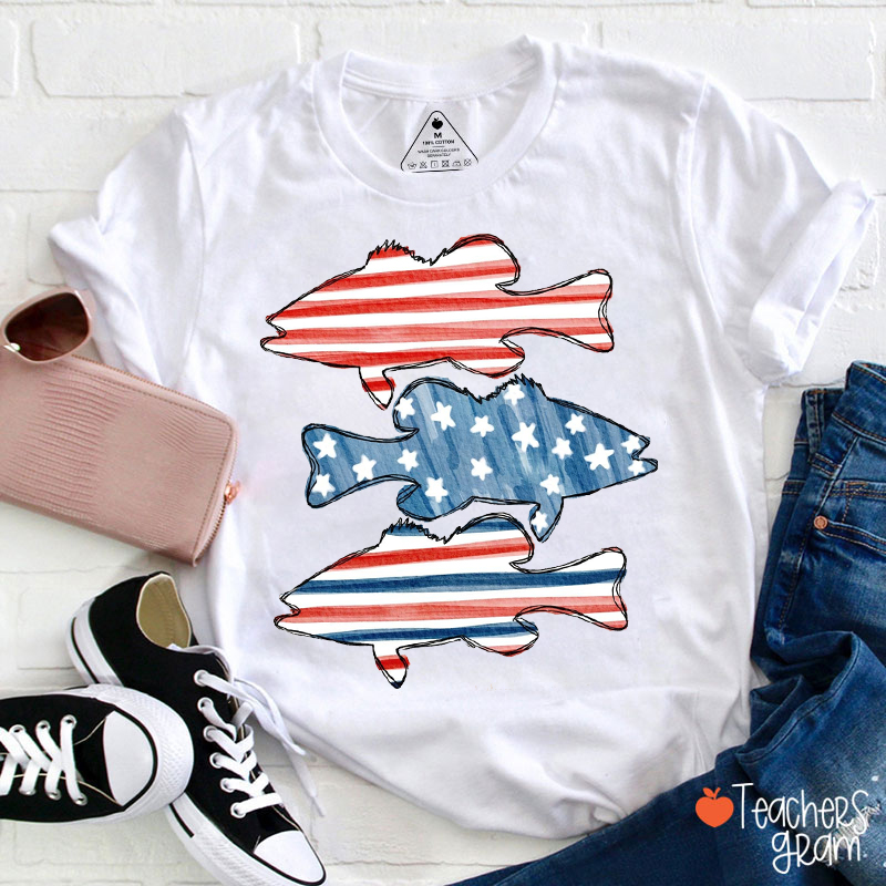 Boys Fishing American Flag Teacher T-Shirt