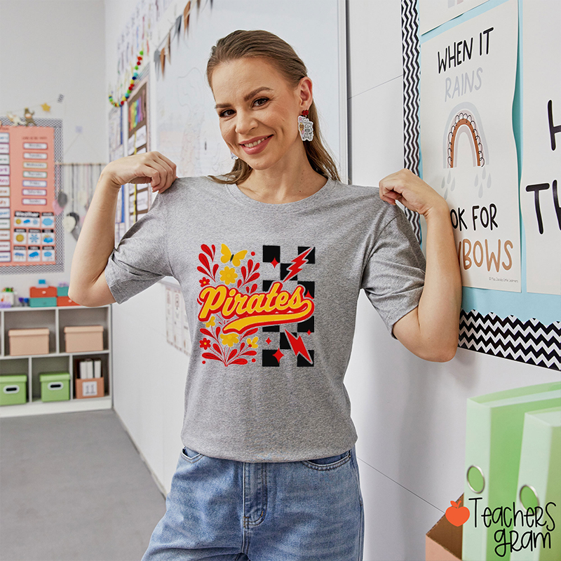 Personalized Mascot Checkered Flower School Spirit Teacher T-Shirt