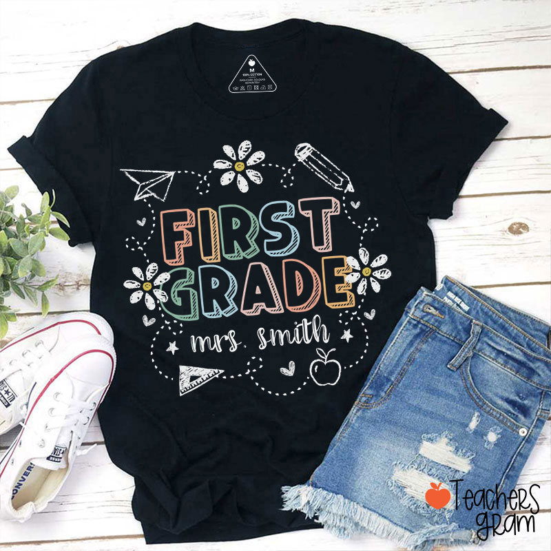 Personalized Name And Grade Pencil Flower Teacher T-Shirt