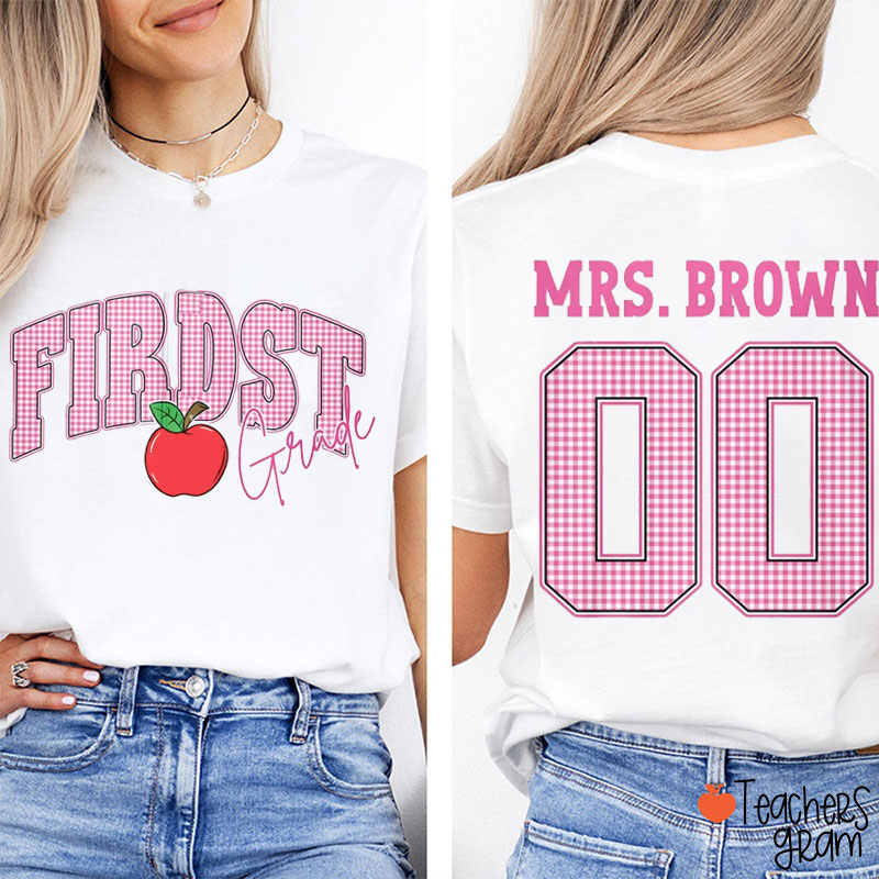 Personalized Grade And Name Checkered Letter Apple Teacher Two Sided T-Shirt