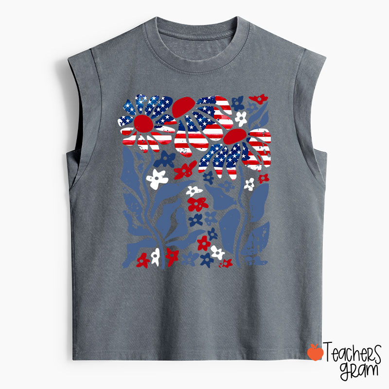 Boho Patriotic Daisy American Flag Floral Teacher Washed Tank Top