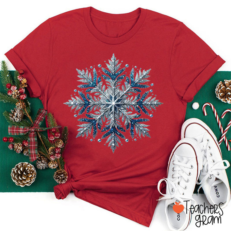 Shining Blue Snowflakes Winter Vibes Teacher T-Shirt