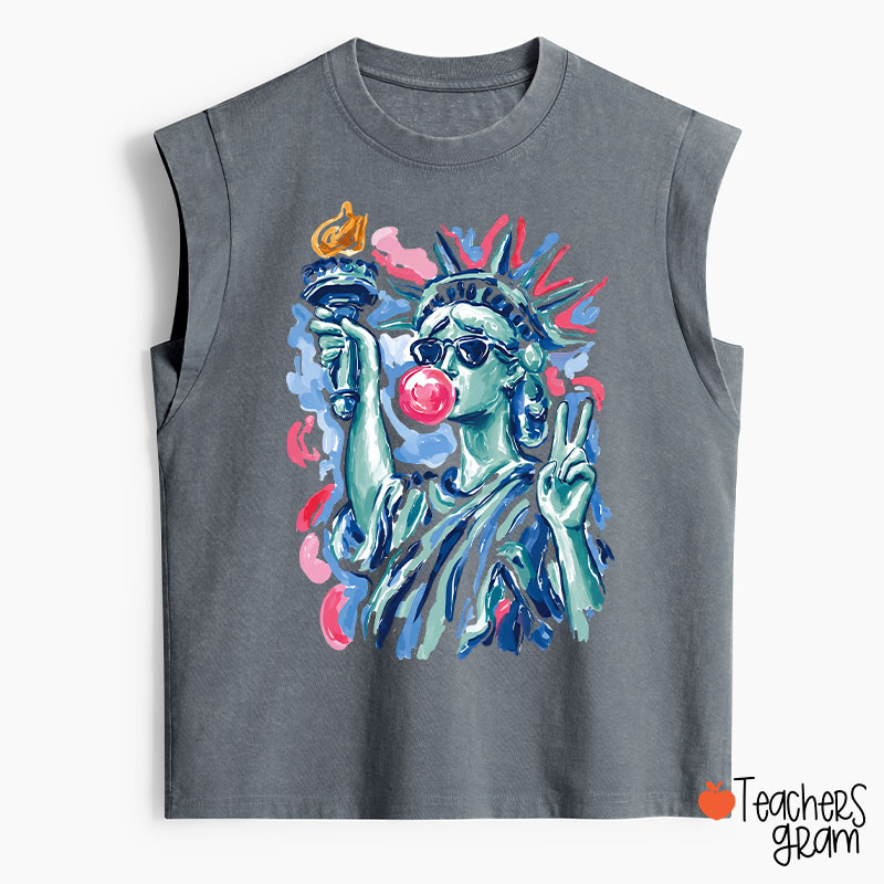 Preppy Statue Of Liberty Blowing Bubble Teacher Washed Tank Top