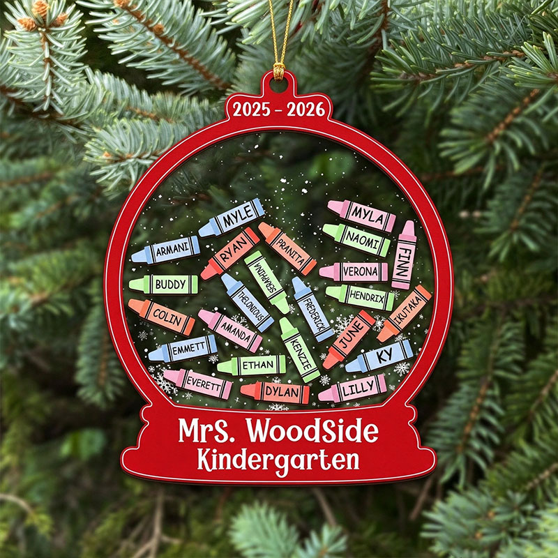 Personalized Teacher Crayon Snow Globe Christmas Shaker Ornament