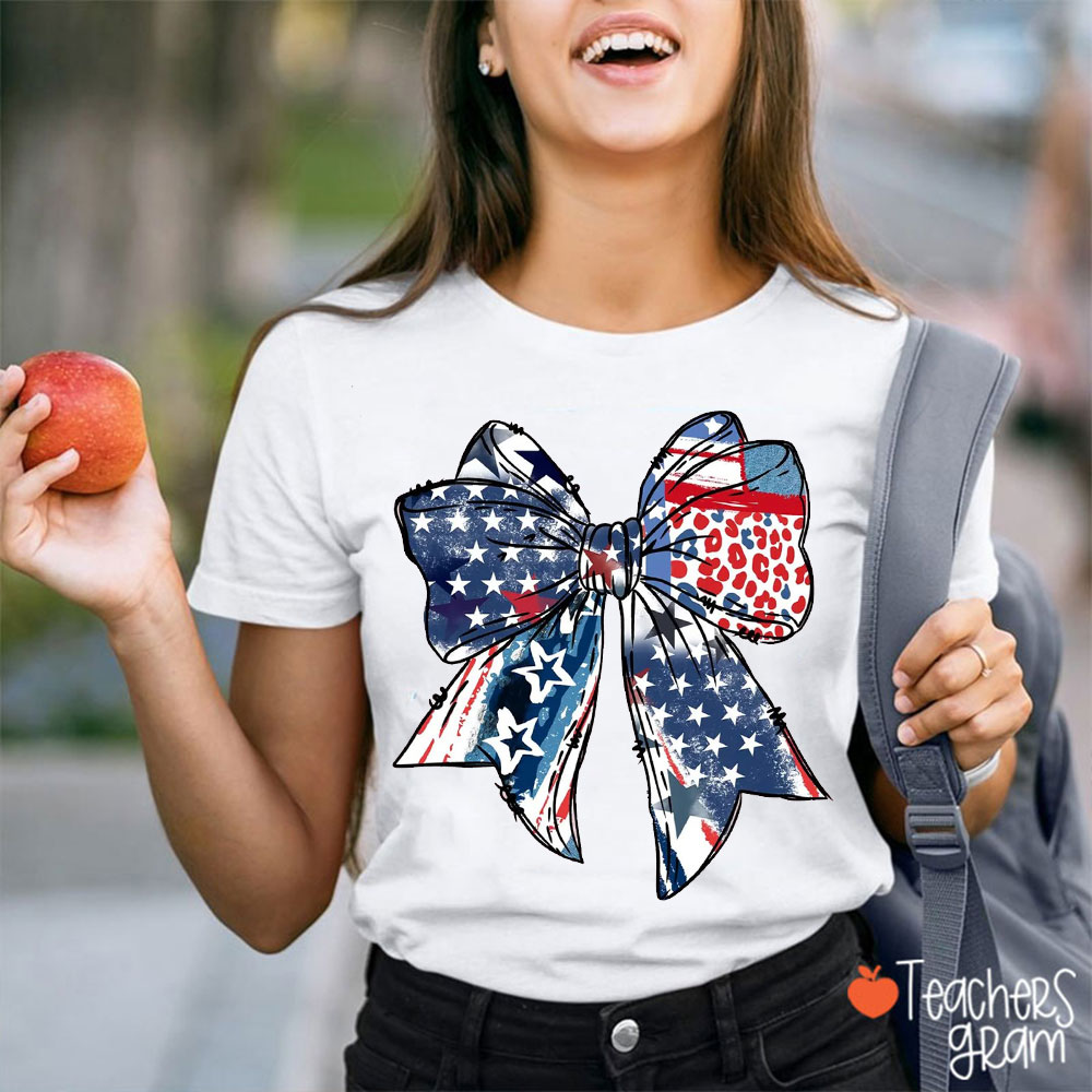 American Flag Big Bow Teacher T-Shirt