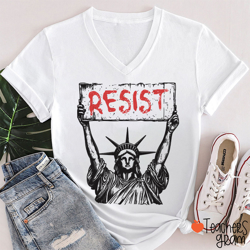Statue Of Liberty Resist Teacher Female V-Neck T-Shirt