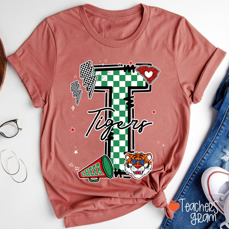 Personalized Mascot Initials Checkered School Spirit Teacher T-Shirt