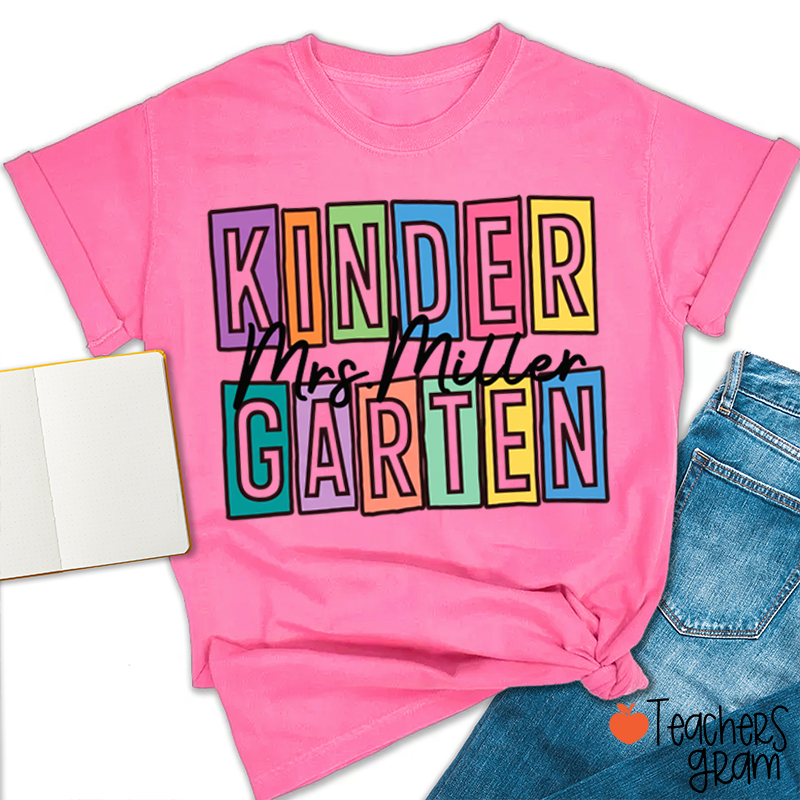 Personalized Name And Grade Colorful Block Letter Cursive Script Teacher T-Shirt