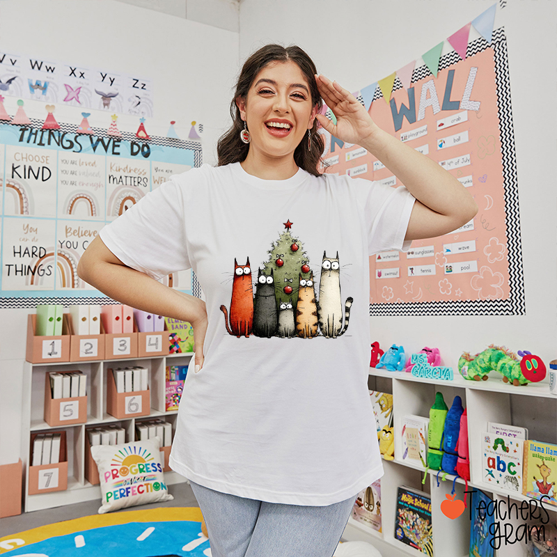 Witty Crazy Kitties Christmas Tree Teacher T-Shirt