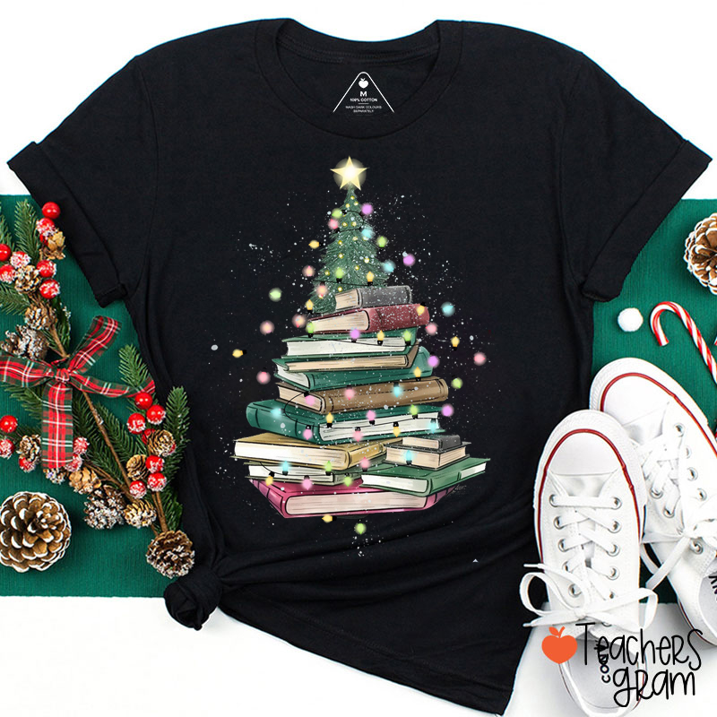 Books Christmas Tree Lights Teacher T-Shirt