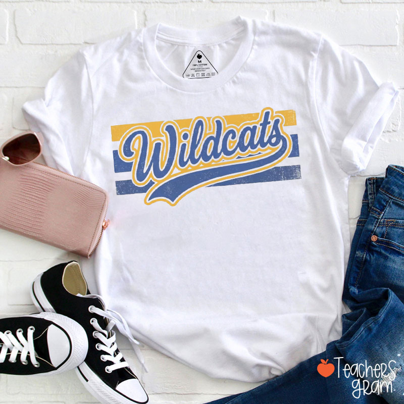 Personalized Mascot Vintage Script Striped Swoosh Sport Teacher T‑Shirt