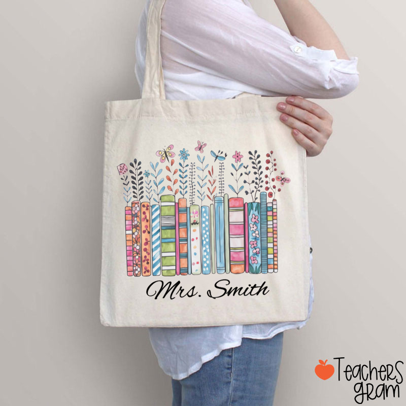 Personalized Floral Books Teacher Tote Bag