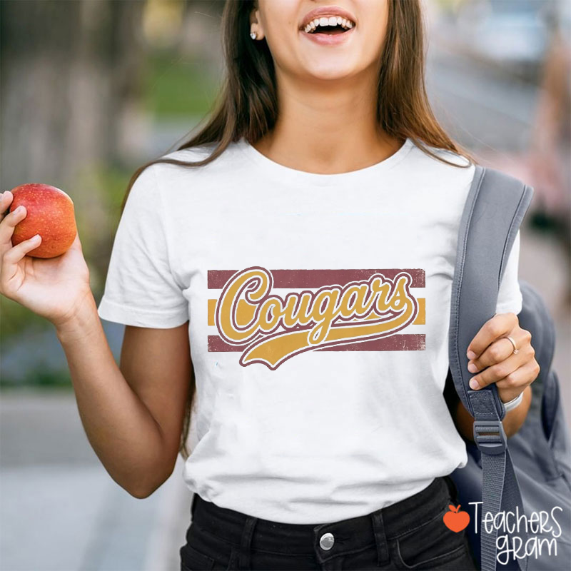 Personalized Mascot Vintage Script Striped Swoosh Sport Teacher T‑Shirt