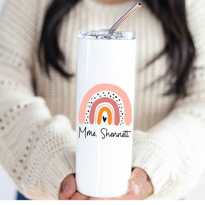 Personalized Pink Rainbow Teacher Skinny Tumbler