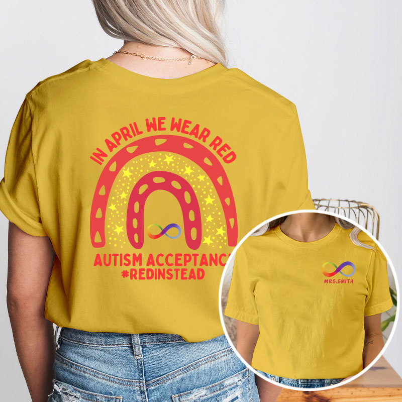 Personalized In April We Wear Red Teacher Two Sided T-Shirt