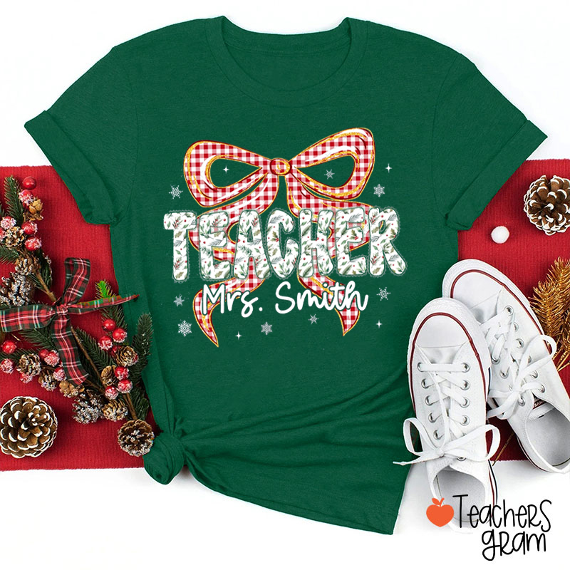 Personalized Name And Job Title Coquette Bow Checkered Plaid Letters Teacher T-Shirt