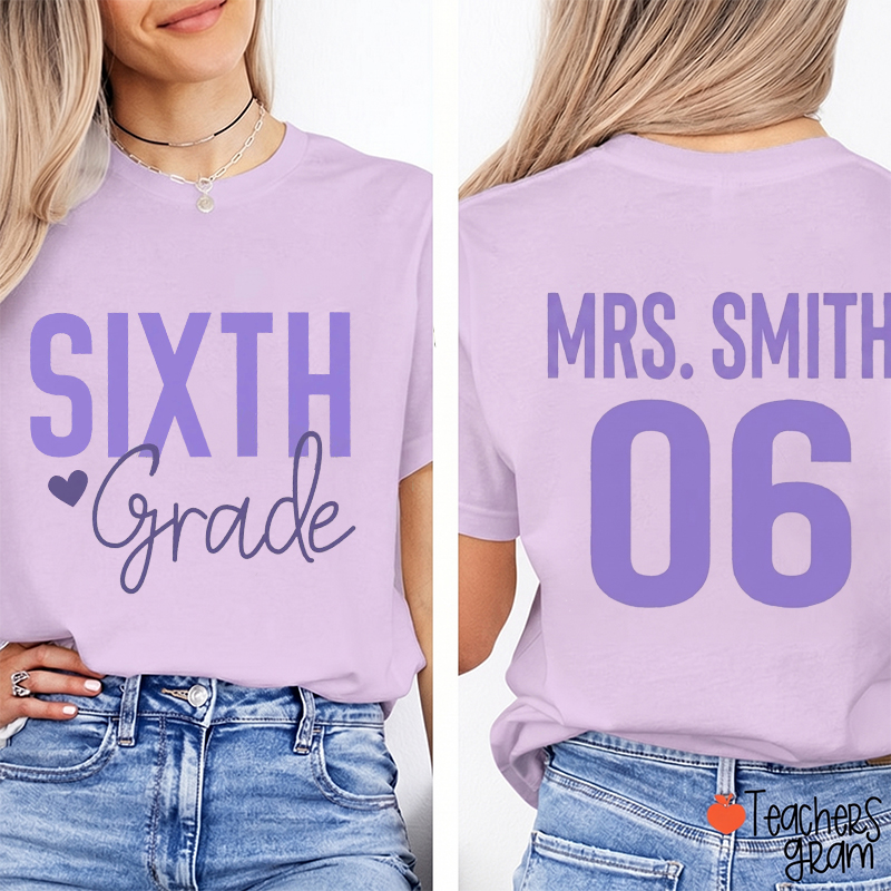 Personalized Grade And Name Heart Varsity Teacher Two Sided T-Shirt