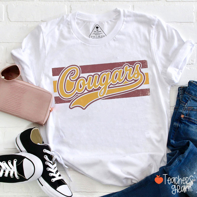 Personalized Mascot Vintage Script Striped Swoosh Sport Teacher T‑Shirt