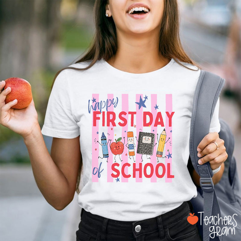 Happy First Day Of School Cute Cartoon Stationery Graphic Teacher T‑Shirt