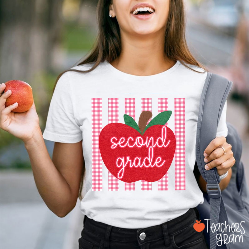 Personalized Grade Gingham Apple Teacher T-Shirt