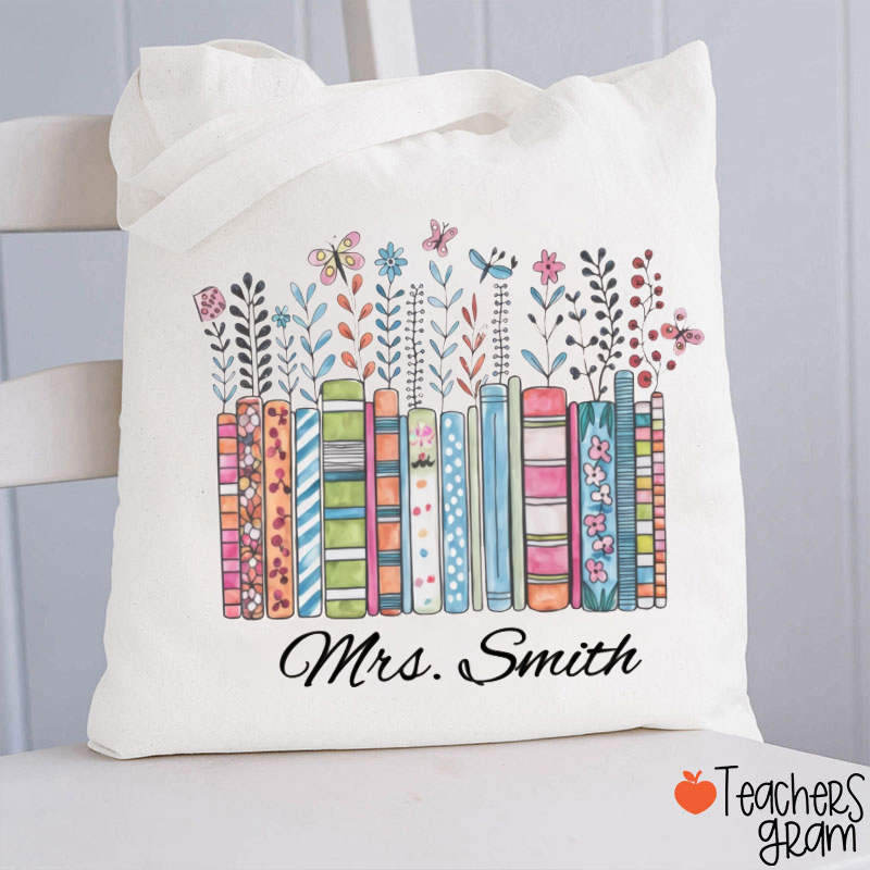 Personalized Floral Books Teacher Tote Bag